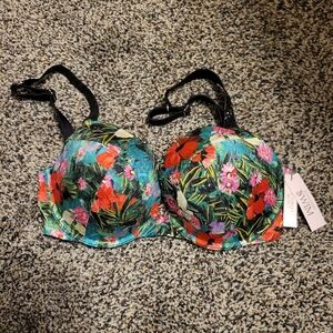 Floral Bikini Top with Black Straps